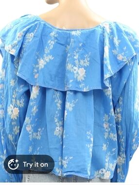 Free People Camilla Printed Blouse Blue White Sz S/ P